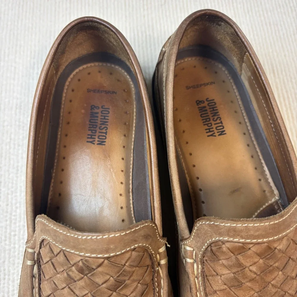 Johnston and‎ Murphy Mens 10M Tidwell Woven Leather Loafers Tan Brown JM Flex